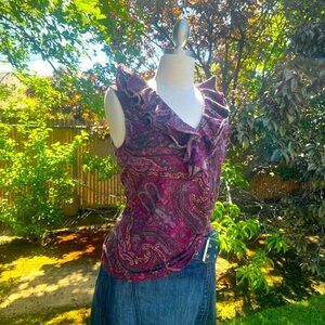 RALPH LAUREN Paisley Ruffle V-Neck Top - Purple